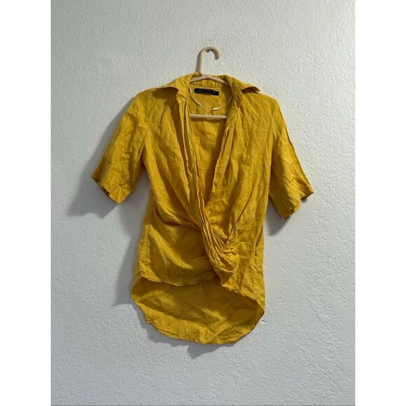 Zara Linen Top Women’s Size S  Bright Sunshine Yellow Draped Boho shirt - Picture 2 of 5